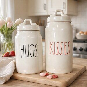 Rae Dunn HUGS & KISSES Canister Set LL Font Valentine EUC